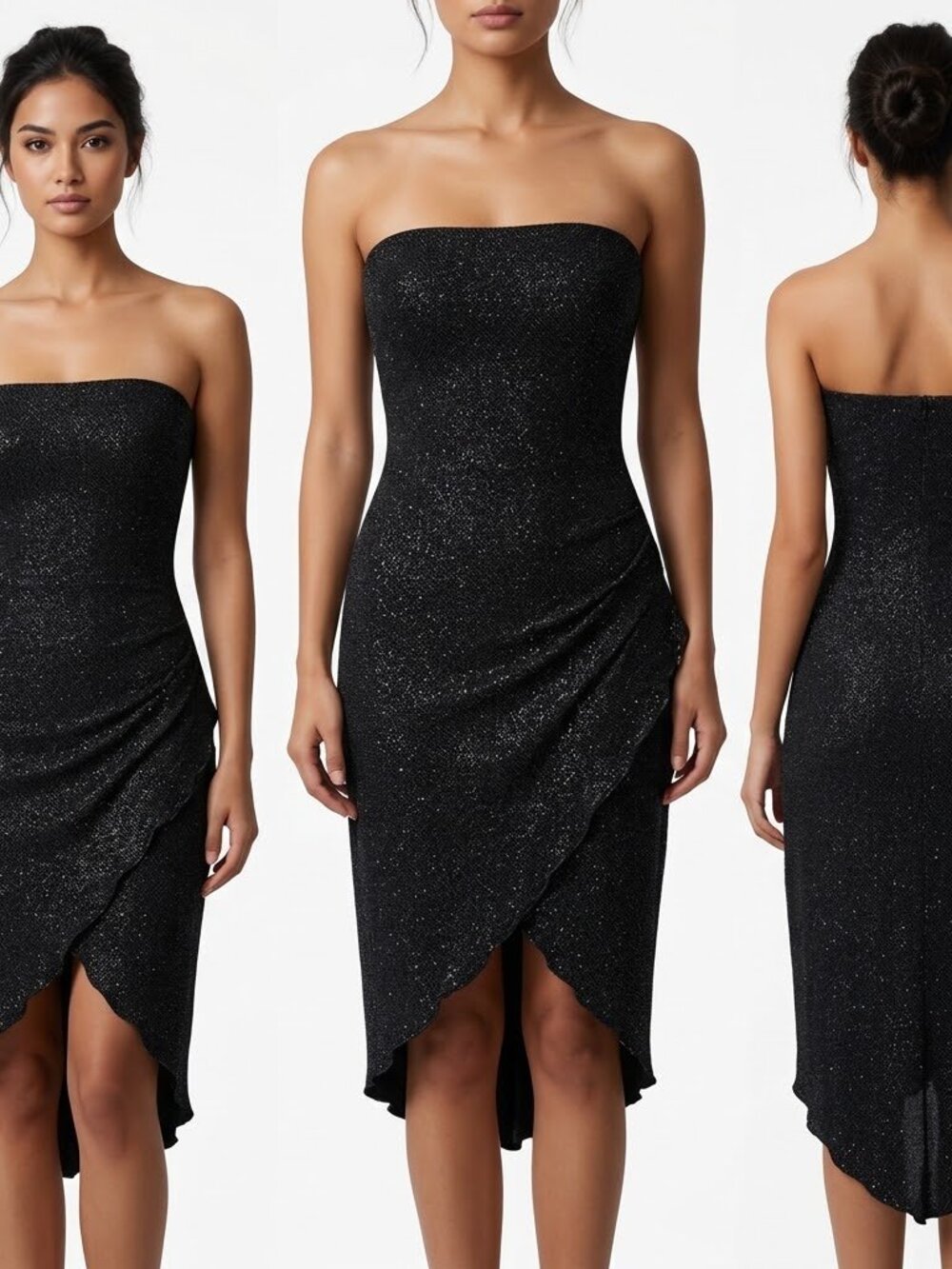 Vintage Y2K Hourglass Black Metallic Glitter Strapless Asymmetrical Dress M